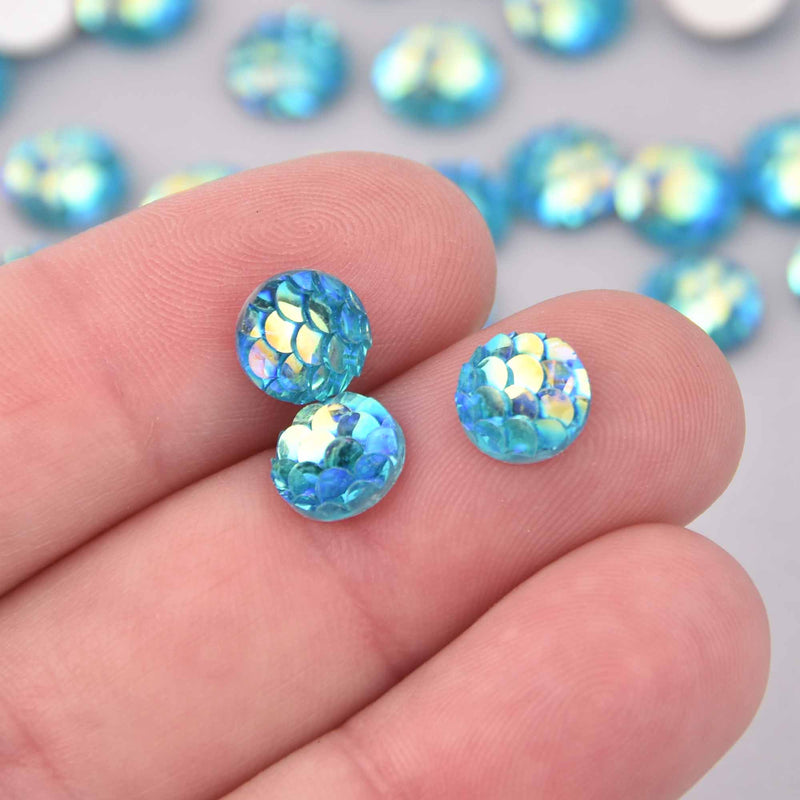 8mm MERMAID FISH SCALE Cabochons, Round Resin Metallic, blue iridescent, 50 pieces cab0688
