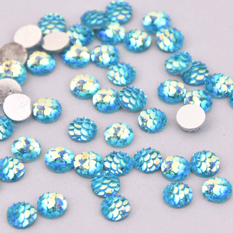 8mm MERMAID FISH SCALE Cabochons, Round Resin Metallic, blue iridescent, 50 pieces cab0688