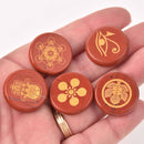Red Jasper Rune Cabochons, Natural Gemstone with Gold Foil Design, set of 5, cab0697