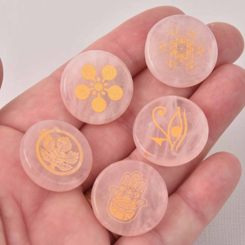 Rose Quartz Rune Cabochons, Natural Gemstone with Gold Foil Design, set of 5, cab0698