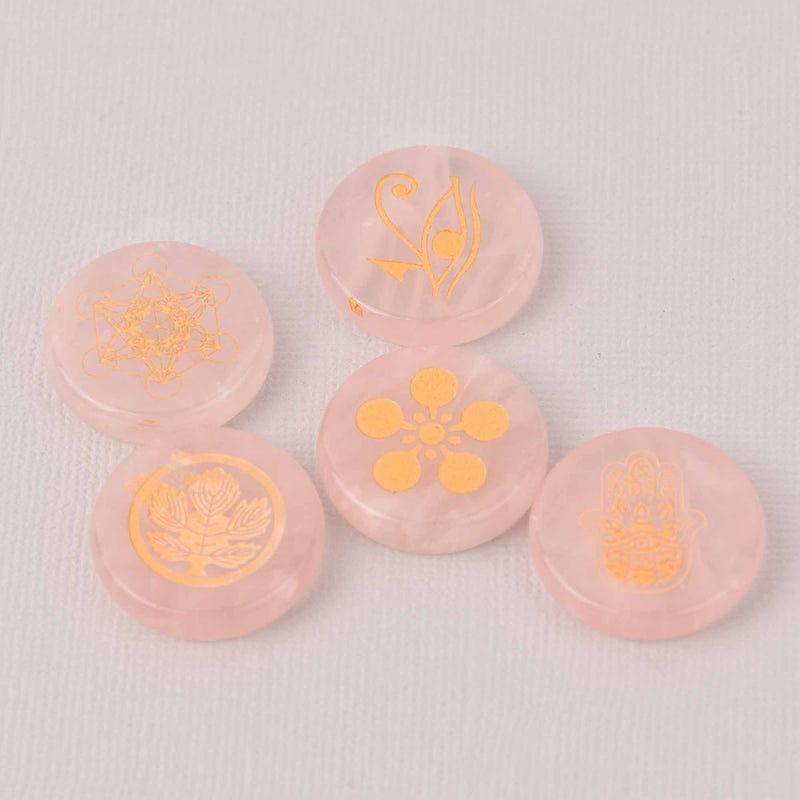 Rose Quartz Rune Cabochons, Natural Gemstone with Gold Foil Design, set of 5, cab0698