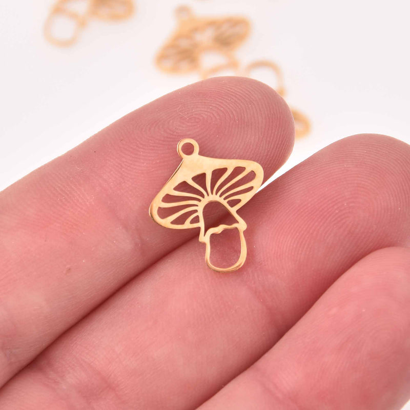 2 Gold Mushroom Charms Stainless Steel Cut Out, chs8145