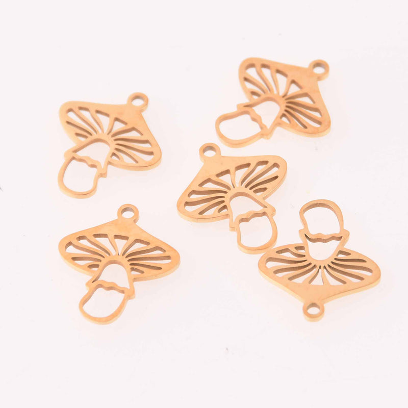 2 Gold Mushroom Charms Stainless Steel Cut Out, chs8145