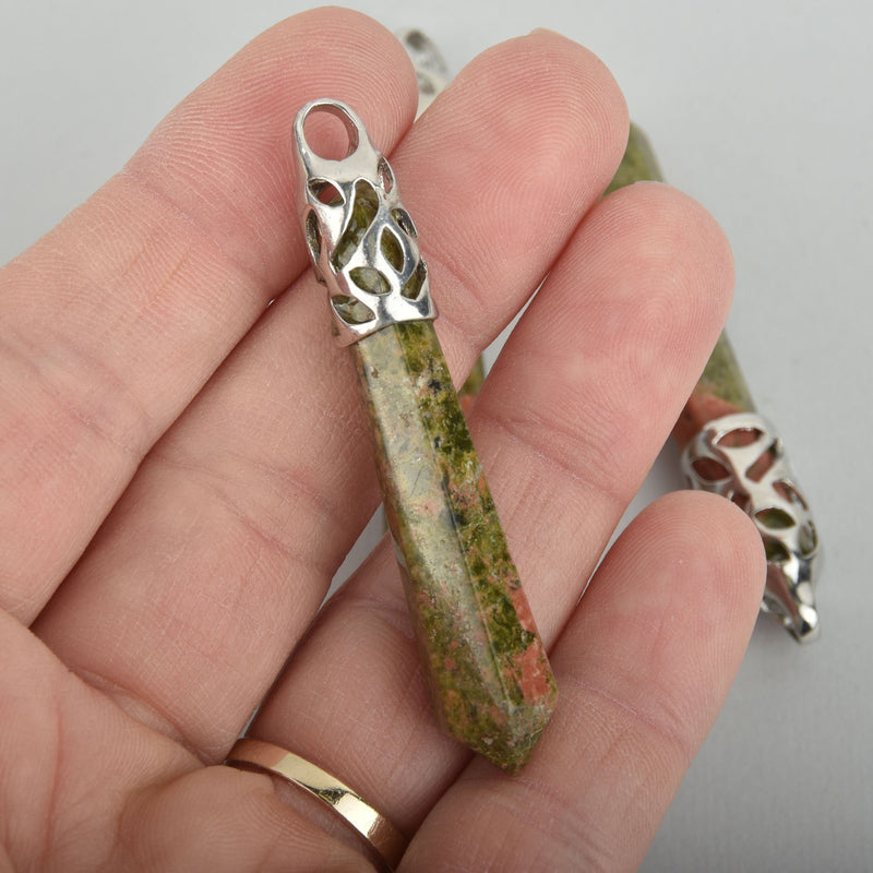 1 Gemstone Pendant, UNAKITE Granite Stone, 2.5" long, fancy silver tone bail findings  cgm0001