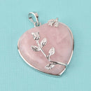 1 Fancy Gemstone Pink Rose Quartz Heart Pendant with silver flower accents and bezel cgm0015
