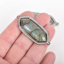 LABRADORITE Micro pave' Charm, Bar Charm Connector Link with hand-set crystals, Natural Gemstones, lots of flash, Gunmetal, 52x21mm cgm0064