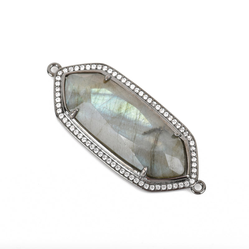 LABRADORITE Micro pave' Charm, Bar Charm Connector Link with hand-set crystals, Natural Gemstones, lots of flash, Gunmetal, 52x21mm cgm0064