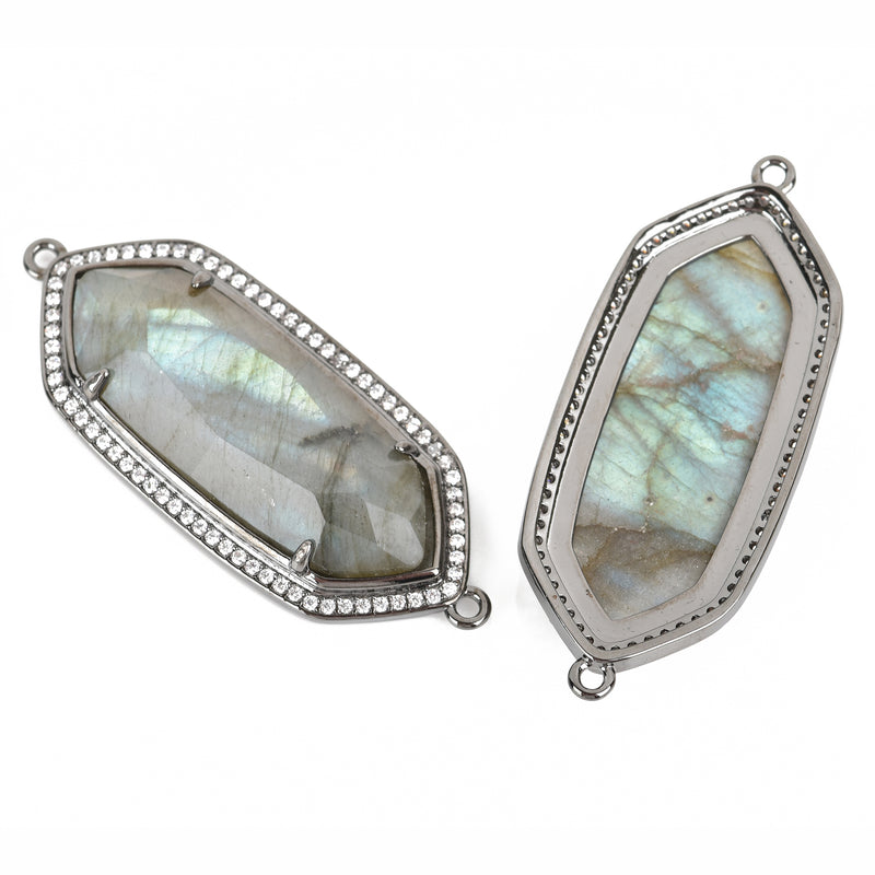 LABRADORITE Micro pave' Charm, Bar Charm Connector Link with hand-set crystals, Natural Gemstones, lots of flash, Gunmetal, 52x21mm cgm0064