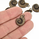 6 FOSSIL SHELL Ammonite Charm Pendants, bronze tone metal, chb0303