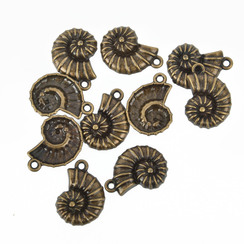 6 FOSSIL SHELL Ammonite Charm Pendants, bronze tone metal, chb0303