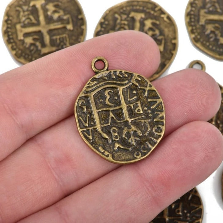 5 Bronze Coin Relic Charm Pendants, round coin charms, antiqued bronze plated metal, double sided design, 30x25mm, chb0466