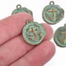 5 Bronze Coin Relic Charm Pendants, Cross with wax seal, round coin charms, green verdigris patina bronze plated metal, 22x19mm, chb0503