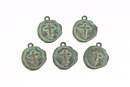 5 Bronze Coin Relic Charm Pendants, Cross with wax seal, round coin charms, green verdigris patina bronze plated metal, 22x19mm, chb0503