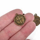 10 Bronze Coin Relic Charm Pendants, Cross with wax seal, round coin charms, 22x19mm, chb0510