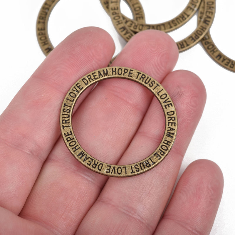 5 Bronze Affirmation Rings, Stamped Circle Washer Connector Links, "Trust Love Dream Hope" 35mm, chb0525