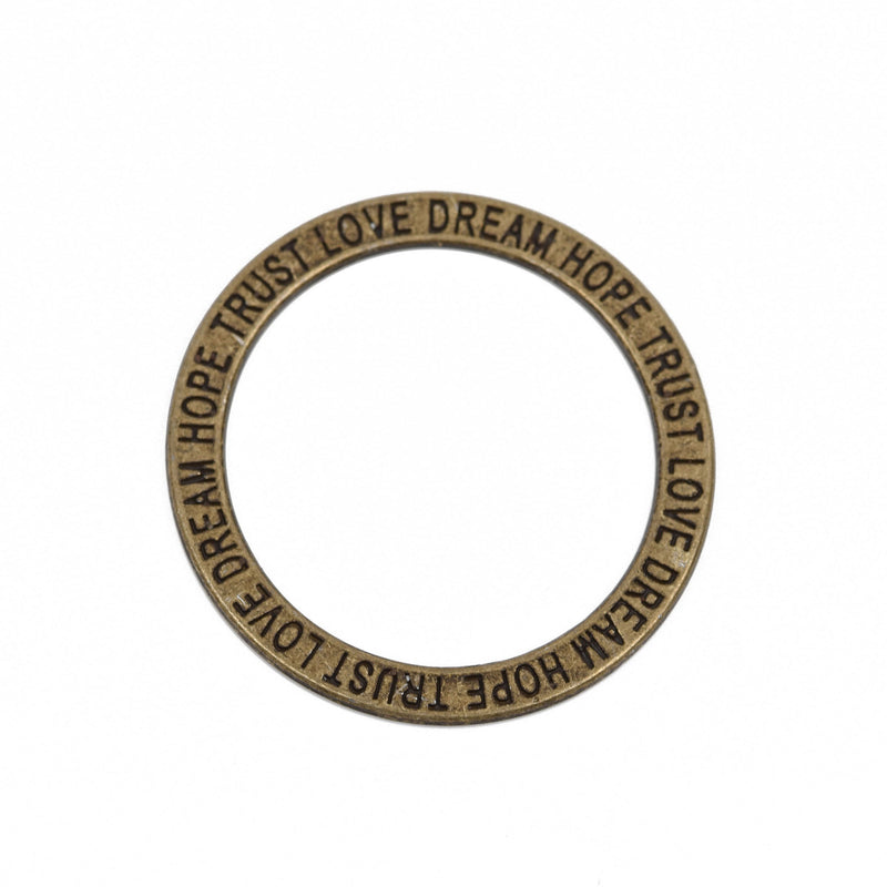 5 Bronze Affirmation Rings, Stamped Circle Washer Connector Links, "Trust Love Dream Hope" 35mm, chb0525