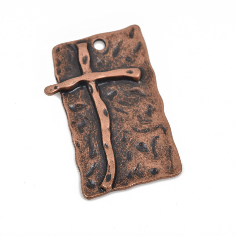 2 Large CROSS Charm Pendants, copper oxidized base with soldered cross, rustic hammered metal, 42x26mm, chc0052