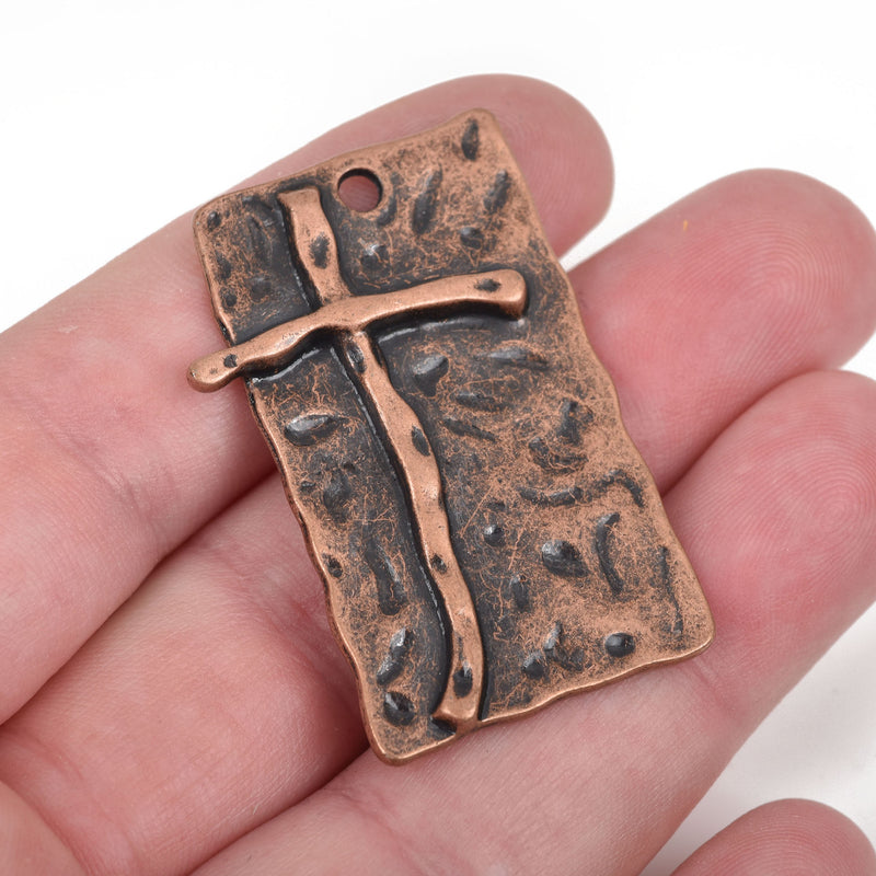 2 Large CROSS Charm Pendants, copper oxidized base with soldered cross, rustic hammered metal, 42x26mm, chc0052