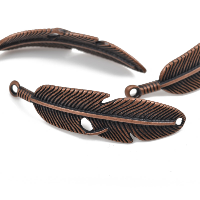 5 FEATHER Bracelet Connector Links, COPPER oxidized metal charms, curved bracelet charms, 57x15mm, 2-1/4" long, chc0060