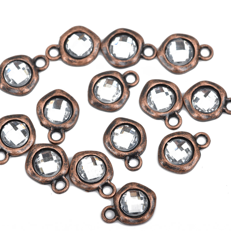 10 Copper Rhinestone Drop Charms, 10mm asymmetrical circle with faceted rhinestone embedded in center, chc0068a