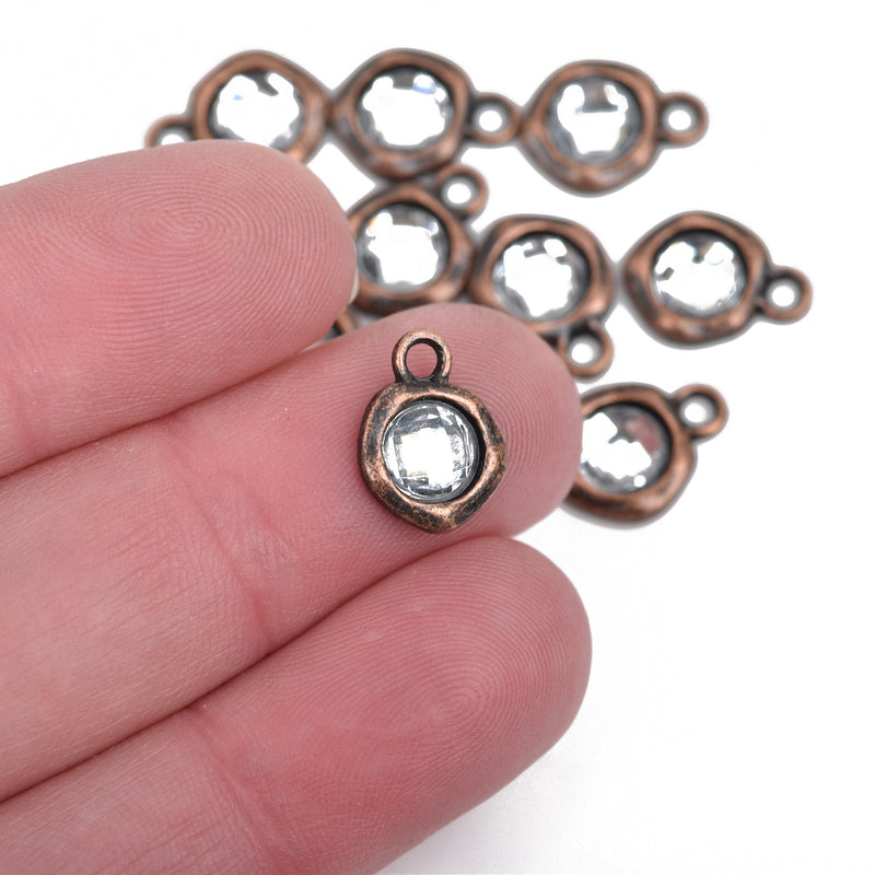 10 Copper Rhinestone Drop Charms, 10mm asymmetrical circle with faceted rhinestone embedded in center, chc0068a