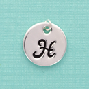 Stamped Monogram Letter " H " CIRCLE Tag Charm . Silver Plated 19mm (3/4") che0161