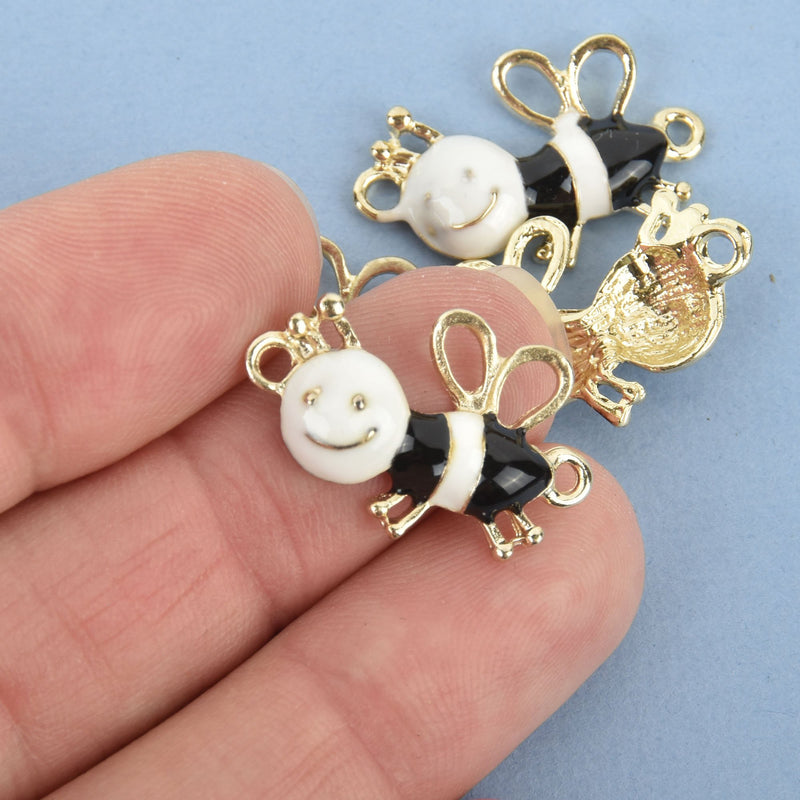 5 HAPPY ENAMEL BEE Charm, Gold Tone, Black and White Pendants, gold bee charms, gold bumblebee pendants, che0507