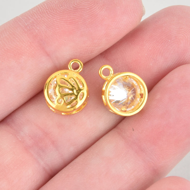 2 Bright Gold Plated Brass Rhinestone Crystal Drops Charm Pendants, 10mm diameter, butterfly filigree metal . chg0084