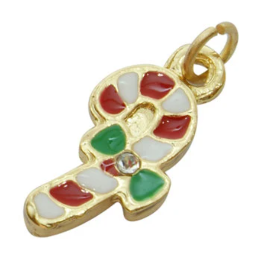 2 pcs RHINESTONE Christmas CANDY CANE Charms or Pendants . Gold Plated with jump ring . chg0088