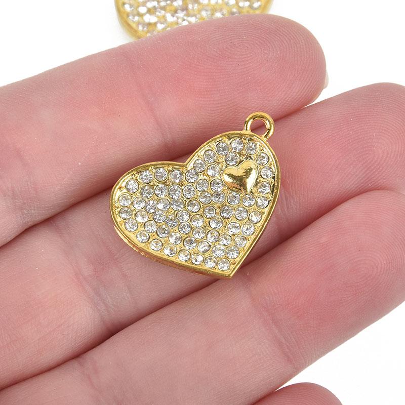 1 Rhinestone Bright Gold Metal HEART Charm Pendant . Pave' Crystals  chg0091