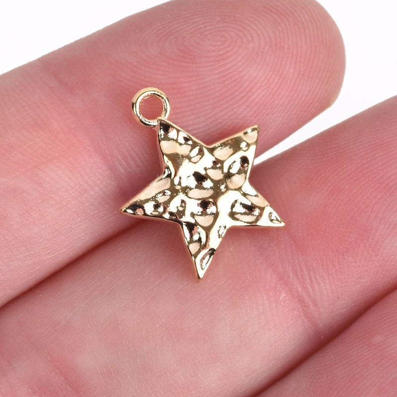 10 Bright Gold Hammered Metal STAR Charm Pendants, 18x15mm chg0513