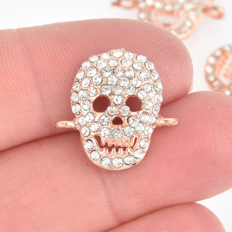 2 Crystal Skull Charms, Pave' Rhinestone Rose Gold Connector Links cho0009