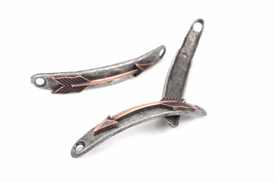 5 ARROW Bracelet Connector Links, gunmetal base with copper arrow, curved bracelet charms, 54x8mm, cho0145