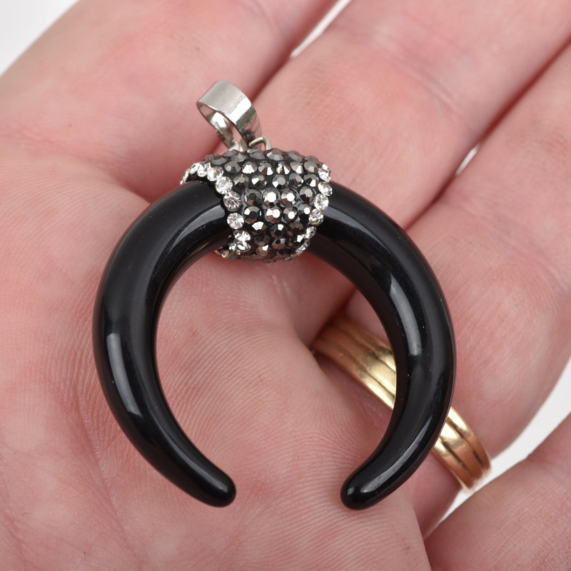 BLACK Double Horn Pendant, Crescent Horn, Black Horns, Pavé Pendant, Upside Down Moon, 38mm (1-1/2") cho0155