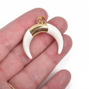 WHITE Double Horn Pendant, Crescent Horn, White Horns, Gold Plated Bail Pendant, Upside Down Moon, 34mm (1-3/8"), cho0214