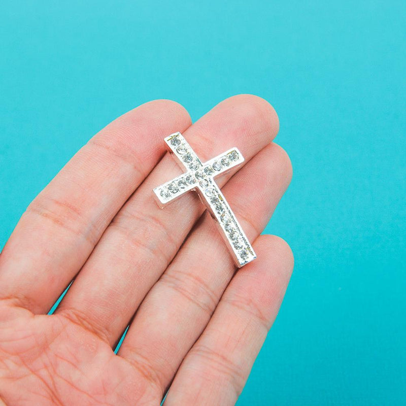 2 Rhinestone Sideways Cross, bright silver metal base and clear crystals 1.25" chs0064