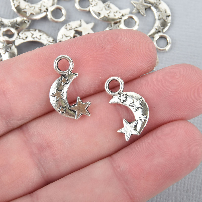10 Silver Tone Pewter MOON and STARS Charm chs0183