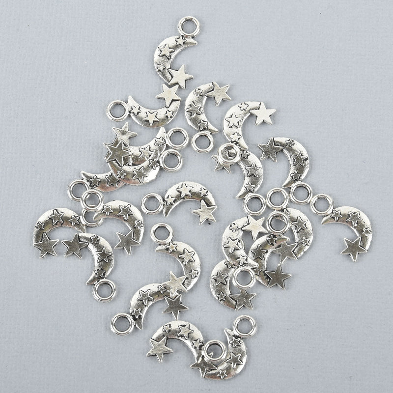 10 Silver Tone Pewter MOON and STARS Charm chs0183