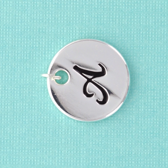 Stamped Monogram Letter " A " Stamped CIRCLE Tag Charm . Silver Plated 19mm (3/4") chs0471