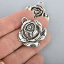 4 Large ROSE Charm Pendant Connector Links . silver tone 36mm chs0782