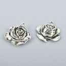 4 Large ROSE Charm Pendant Connector Links . silver tone 36mm chs0782