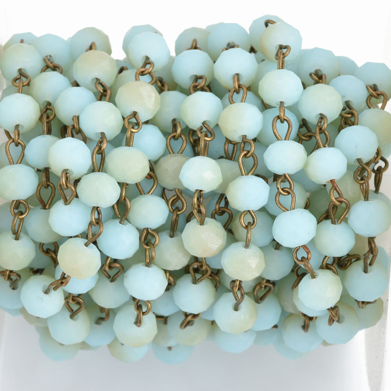 1 yard Matte Pale Blue and Tan Crystal Rosary Chain, bronze wire, 8mm rondelle faceted crystal beads, fch0901a