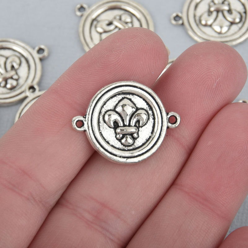 6 Silver Circle FLEUR de LIS Charm Connector Links  chs1357