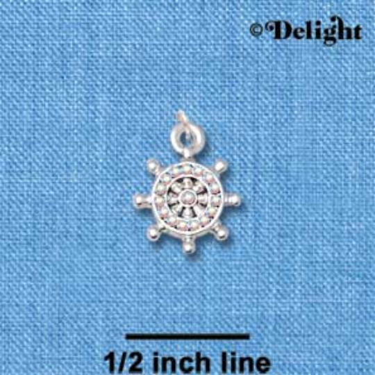 Small SHIP'S WHEEL with Austrian Crystal Rhinestones . Deluxe Silver Plated Charm . chs1467