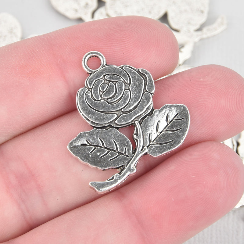 6 Silver Metal ROSE FLOWER Charm Pendants, about 1" x 1",  chs1535