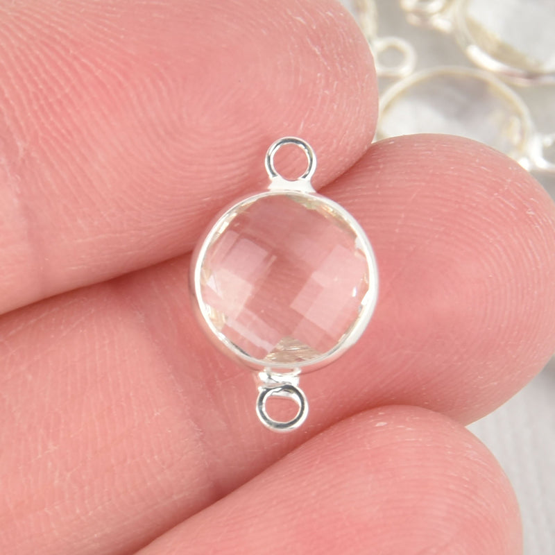 1 Round Circle Silver Plated Connector Link Charm, Faceted CLEAR Glass, 16x10mm, April birthstone, chs1951