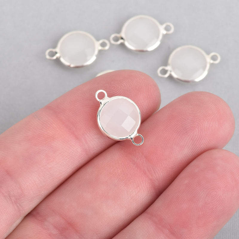 1 Flat Round Silver Connector Link Charm, WHITE OPAL Glass, 16x10mm chs1952