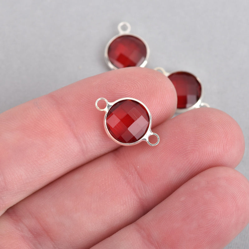 1 Round Circle Silver Plated Connector Link Charm, Faceted GARNET RED glass, 16x10mm, 5/8" long, January birthstone, chs1953