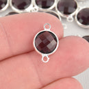 1 Round Circle Silver Plated Connector Link Charm, Faceted DARK AMETHYST Glass, 16x10mm, February birthstone, chs1954