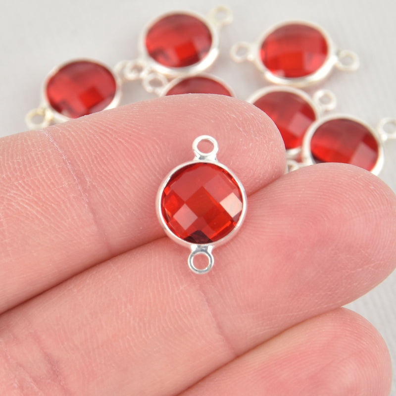 1 Round Circle Silver Plated Connector Link Charm, Faceted BRIGHT RED glass, 16x10mm, July birthstone, chs1957
